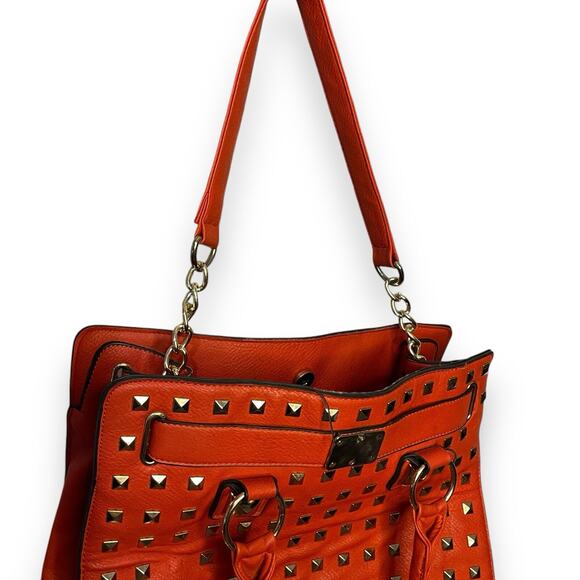 Convertible Top Handle Shoulder Bag Women's Red Gold Studded Faux Leather Tote - Picture 6 of 14